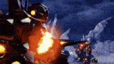 a robot is firing a flamethrower in a video game