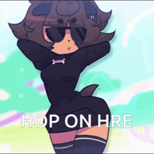 a cartoon drawing of a girl with the words hop on here