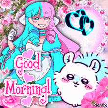 a picture of a girl and a cat with the words good morning