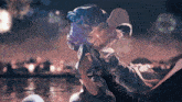 a girl in a white dress is holding an umbrella in front of fireworks