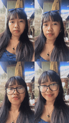 four pictures of a girl wearing glasses and a blue lace top