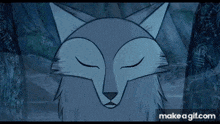 a cartoon of a wolf with its eyes closed in a dark forest .