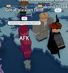 a screenshot of a video game shows a person named afk talking to another person