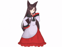 a girl with long dark hair is wearing a red and gray dress