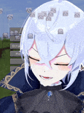 a girl with white hair is smiling in front of a screen that says octa
