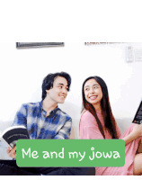 a man and a woman standing next to each other with the words me and my jowa