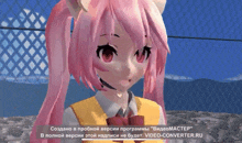 a girl with pink hair is standing in front of a fence and a video converter.ru logo