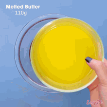 a person holding a red spatula over a glass bowl of liquid