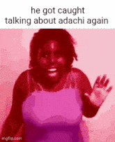 a woman in a purple tank top is talking about adachi again .