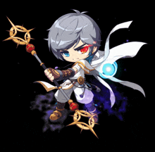 a cartoon character with gray hair and red eyes is holding a cane