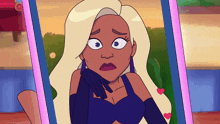 a cartoon of a woman in a blue dress looking at herself in a mirror