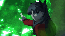 a girl in a red shirt is holding a green object in her hands