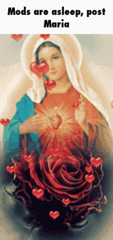 a painting of the virgin mary with red hearts on her face