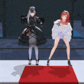 two anime girls are standing on a red carpet with one wearing a white jacket with the letter x on it
