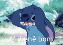 a cartoon of stitch covering his eyes with his hands and the words mi kene bom written below him