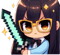 a girl wearing glasses is holding a pixelated diamond sword