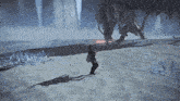 a person in a video game stands in front of a large dragon