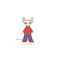 a cartoon drawing of a mouse wearing a red shirt and purple pants