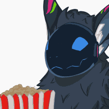 a cartoon drawing of a cat with headphones and popcorn
