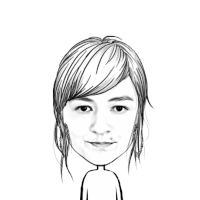 a black and white drawing of a girl with big eyes giving the peace sign