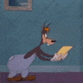 a cartoon character holding a piece of paper in front of his face