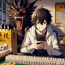 a man is playing a game of mahjong with a dragon behind him