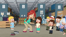 a group of kids standing around a woman in a store