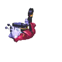 a pixel art drawing of a cartoon character with a purple head