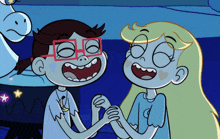a couple of cartoon characters holding hands with their mouths open