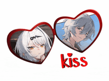 a couple of hearts with a girl and a boy and the word kiss below them
