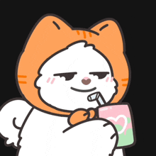 a cartoon cat is drinking through a straw from a pink cup with a heart on it