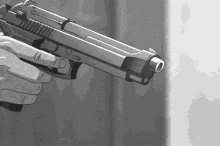 a black and white image of a person holding a gun