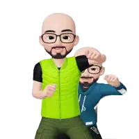 a man in a green vest and a man in a blue hoodie are standing next to each other
