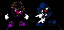 two cartoon characters are standing next to each other in a dark room .
