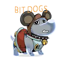 a cartoon of a dog wearing a helmet and a collar with the words bit dogs above it