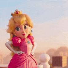 princess peach is wearing a pink dress and holding a yellow question mark block