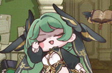 a cartoon girl with green hair and wings is standing in a room with a book .