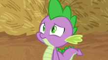 a cartoon drawing of a purple dragon with green spikes