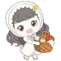 a cartoon drawing of a girl holding a basket of apples