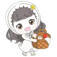 a cartoon drawing of a girl holding a basket of apples