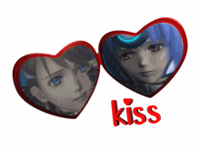a couple of hearts with the word kiss in red