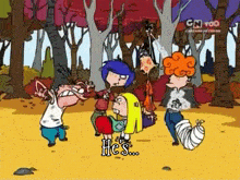 a group of cartoon characters are standing in a forest and the word he 's is on the bottom
