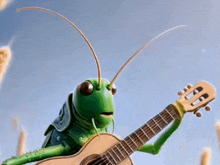 a green grasshopper is holding a guitar in its hand