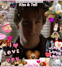 a picture of a man surrounded by stuffed animals with the words " kiss & tell " on top