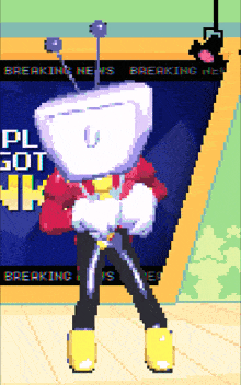 a cartoon character is standing in front of a breaking news screen