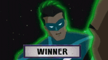 a cartoon of a man in a blue mask with the word winner below him .