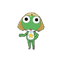 a green frog with a yellow star on its chest is standing on a white background