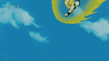 a cartoon character is flying through the air with the time 9:16 on the bottom right