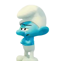 an angry smurf with his arms crossed and a white hat