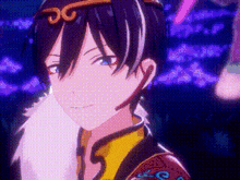 a close up of a person 's face in a video game with purple lights in the background .